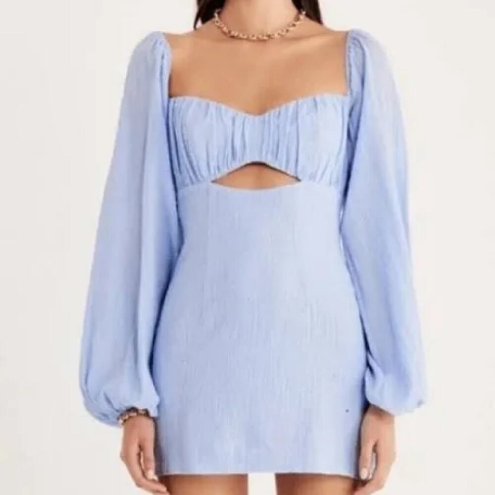 NWT $239 Rumer Camille mini dress Medium blue cotton cutout front